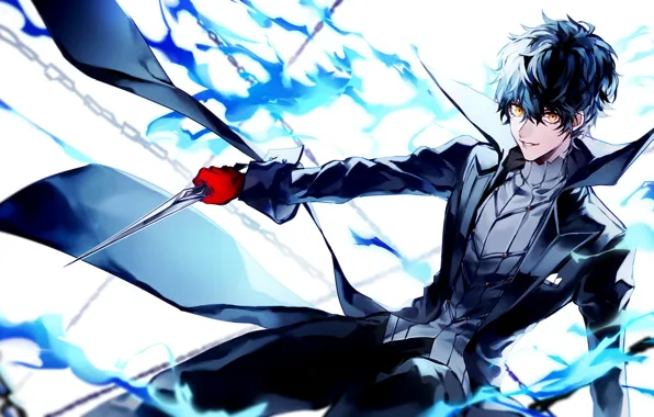 Взгляд, кинжал, парень, Persona 5, Персона 5