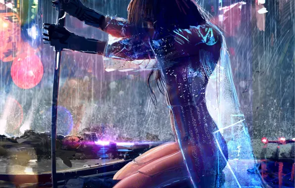 Картинка девушка, оружие, дождь, sci-fi
