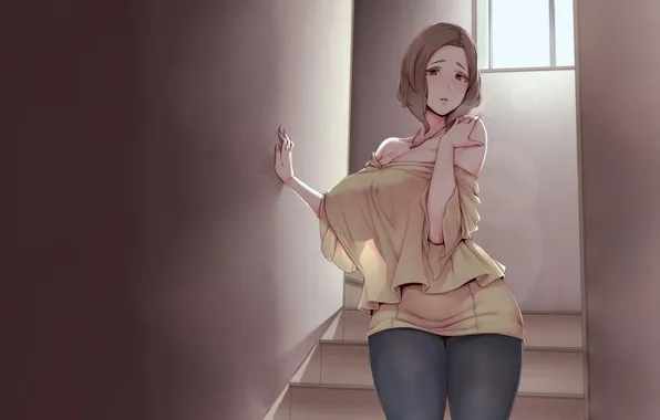 Girl, blouse, brown hair, brown eyes, boobs, anime, beautiful, short hair