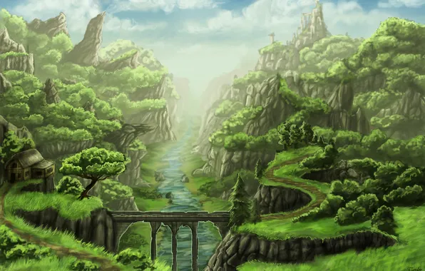 Картинка деревья, пейзаж, мост, дом, река, скалы, арт, дорожка