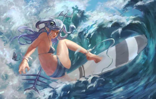 Море, девушка, волна, серфинг, доска, League of Legends, fizz, Tidal Trickster