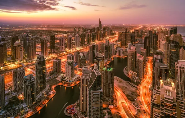 Закат, город, огни, высота, небоскребы, вечер, Дубаи, ОАЭ