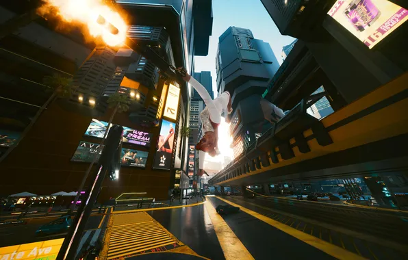 Выстрел, Рыжая, Cyberpunk 2077, Киберпанк 2077, Белое платье, Трюк, Киберпанк 2077 Ви, Девушка в белом