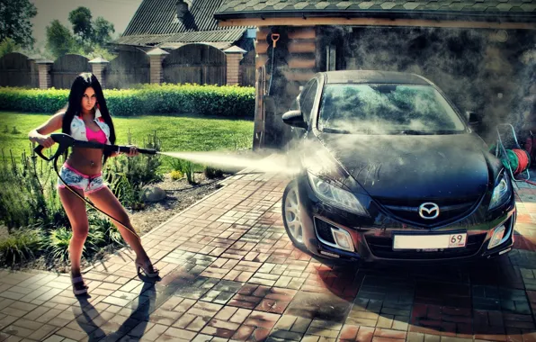 Вода, девушка, гараж, брюнетка, черная, Mazda, мойка