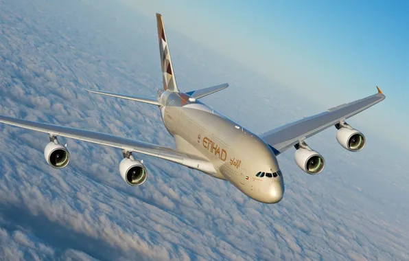 Картинка Облака, A380, Airbus, Etihad Airways, Airbus A380, Пассажирский самолёт, Airbus A380-800