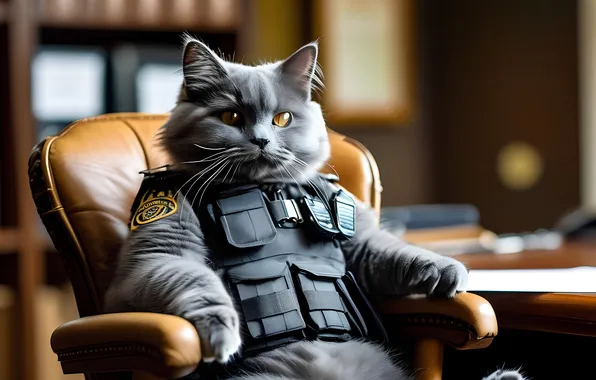 Кот, полиция, кресло, кабинет, серый кот, броне желет