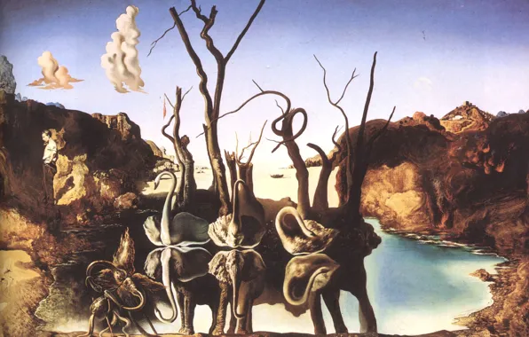 Картинка сюрреализм, картина, художник, лебеди, Сальвадор Дали, отражающиеся в слонах, Salvador Dali, 1937 год