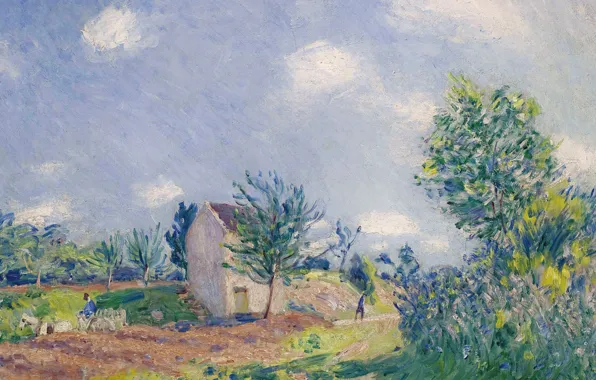 Картинка картина, Alfred Sisley, Альфред Сислей, Весенний Пейзаж. Дорога на Окраине Море-сюр-Луэна