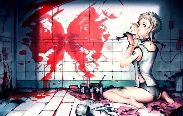Девушка, стена, бабочка, краска, арт, провод, кисть, рисует