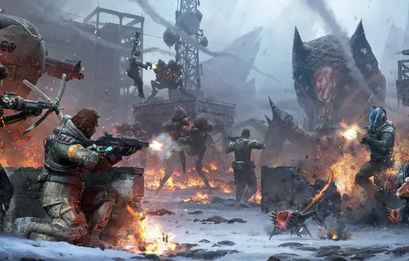 Картинка снег, оружие, монстр, стрельба, битва, меха, Capcom, multiplayer