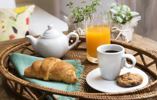 Кофе, завтрак, печенье, сок, чашка, breakfast, круассан