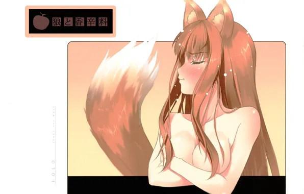 Хвост, румянец, ушки, закрытые глаза, смущение, Spice and Wolf, Holo, Волчица и Пряности