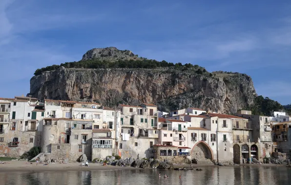 Море, гора, дома, Италия, Сицилия, Чефалу