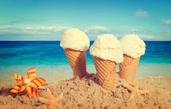Картинка песок, пляж, мороженое, summer, beach, рожок, sea, sand