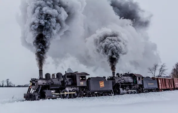 Картинка зима, природа, дым, вагоны, поезда, паровозы