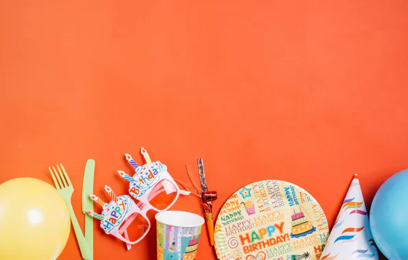 Картинка день рождения, очки, тарелка, Шарики, Праздник, декор