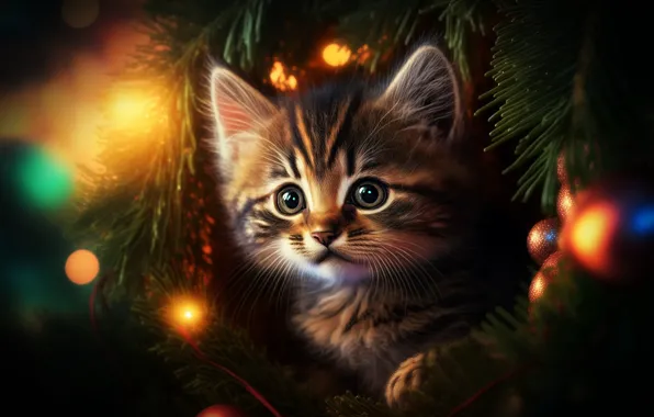 Кошка, взгляд, шарики, ветки, огни, темный фон, рендеринг, котенок