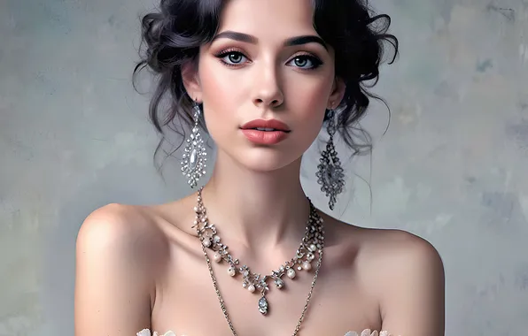 Картинка Взгляд, Платье, Украшения, Брюнетка, Серьги