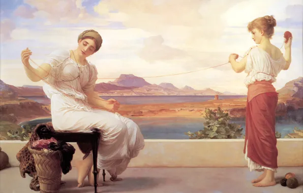 Картинка горы, клубок, река, нитка, дочь, мать, Frederic Leighton, Неоклассицизм