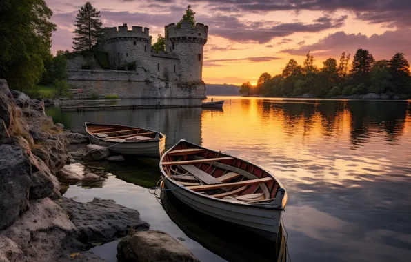 Озеро, замок, landscape, view, castle, ancient, древний
