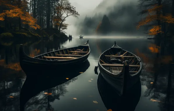 Lake, boat, fall, AI art