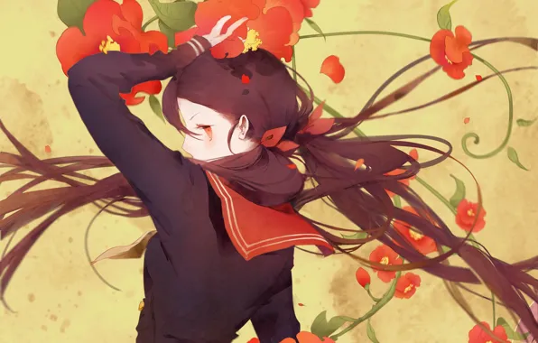Картинка девушка, аниме, арт, школьная форма, длинные волосы, anime, красные цветы