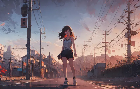 Картинка girl, anime, streets, walking, empty