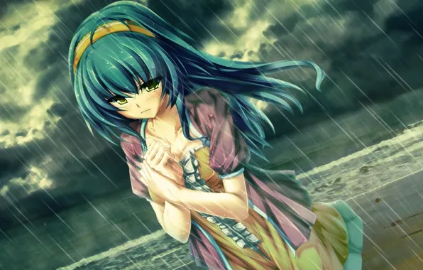 Картинка небо, вода, девушка, дождь, аниме, touhou