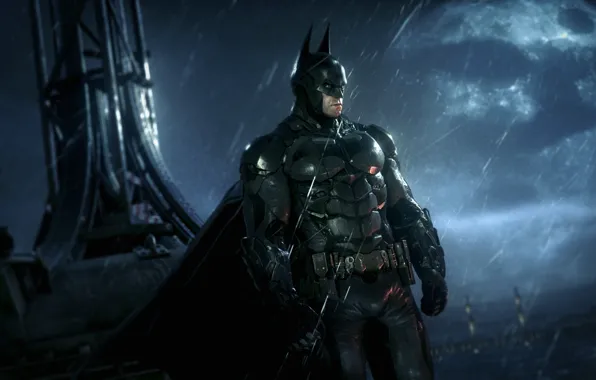 Ночь, Луна, Дождь, Batman, night, Бетмен, Arkham City, Брюс Уэйн