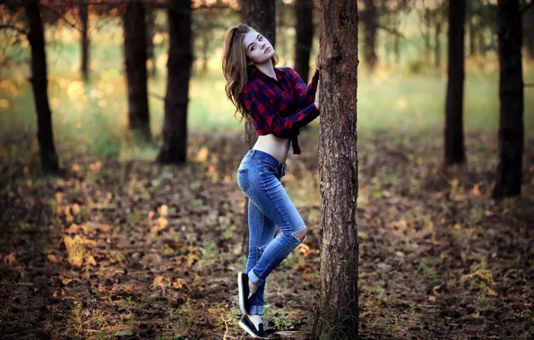 Картинка Girl, Wood, Autumn, Pose, Sight