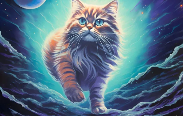 Кошка, кот, взгляд, космос, поза, мордашка, ИИ-арт, нейросеть