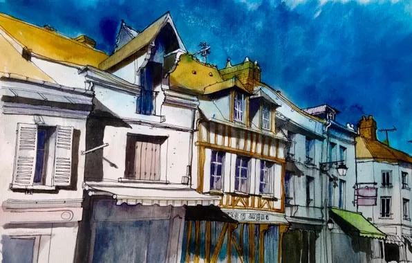 Картинка город, рисунок, Франция, дома, акварель, Паси-сюр-Эр