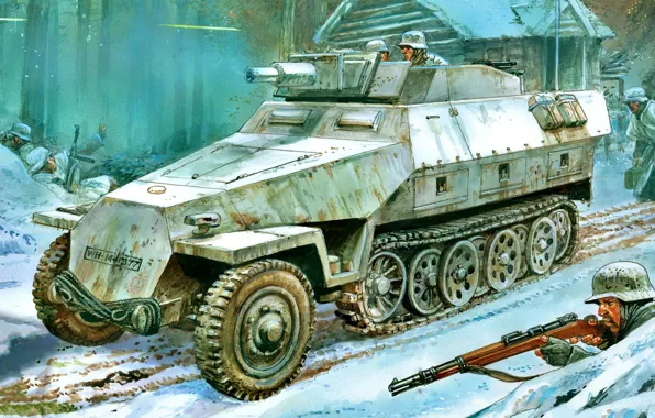 Зима, Снег, Вермахт, Бронетранспортёр, Sd.Kfz.251, WWII, Cолдат, Sd.Kfz.251/9 Ausf.D Stummel