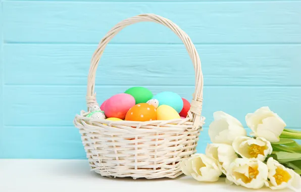 Цветы, яйца, весна, colorful, Пасха, тюльпаны, happy, wood