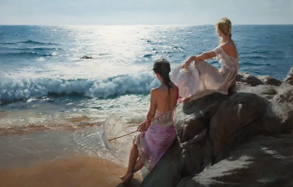 Картинка summer, sea, girls, umbrella, art, rocks, sand, tide