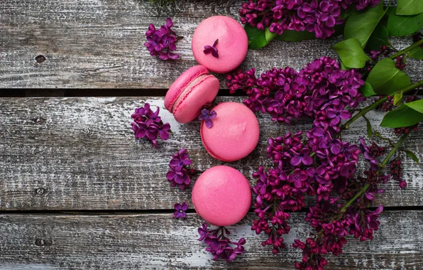 Картинка wood, pink, flowers, сирень, macaroons, macaron, lilac, макаруны