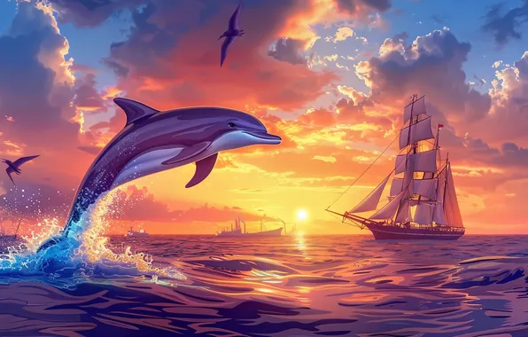 Солнце, Облака, Море, Прыжок, Дельфин, Рассвет, Парусник, Корабли