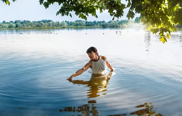 Лето, вода, девушка, деревья, природа, река, платье