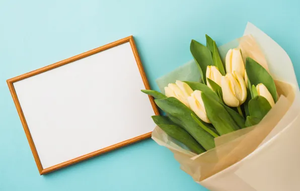 Картинка цветы, букет, рамка, тюльпаны, yellow, flowers, romantic, tulips