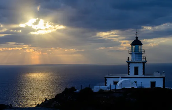 Картинка море, закат, маяк, Санторини, Греция, Santorini, Greece, Эгейское море