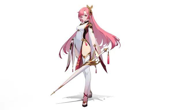 Girl, sword, sexy, thighhighs, pink hair, long hair, dress, legs