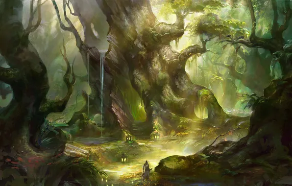 Картинка лес, вода, человек, фонари, art, солнечный свет, rong rong