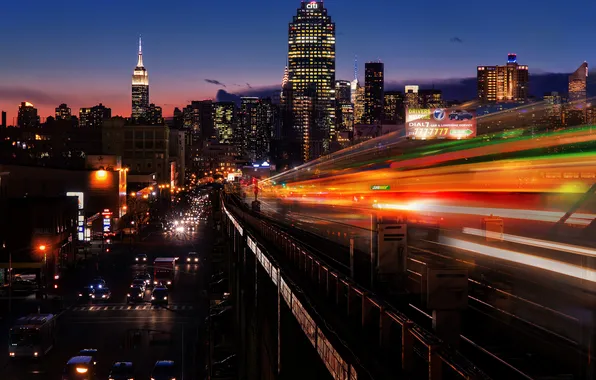 Картинка дорога, свет, машины, ночь, город, метро, поезд, Нью-Йорк
