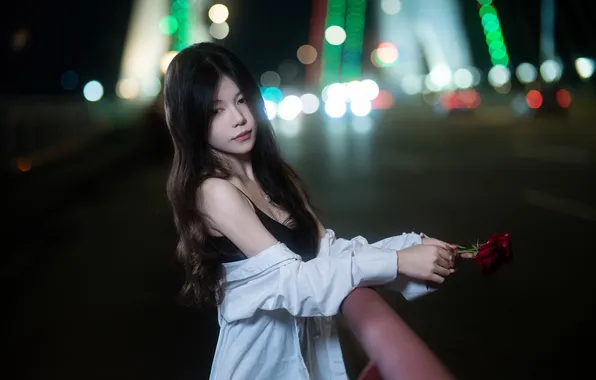 Dark, Beautiful, Asian, Model, Flower, Rose, Lights, Night