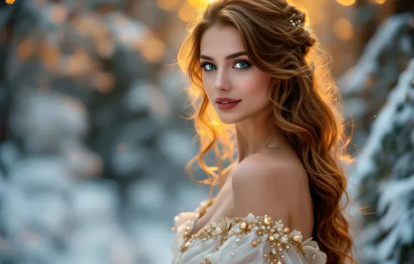 Зима, лес, взгляд, девушка, снег, огни, Рождество, декольте