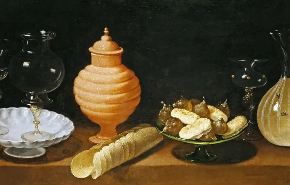 Картинка картина, Хуан ван дер Амен и Леон, Натюрморт с Выпечкой и Стеклянной Посудой