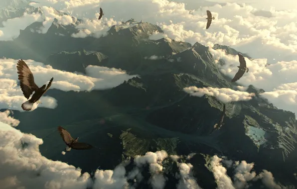 Картинка облака, горы, птицы, орлы, mountains, clouds, birds, eagles