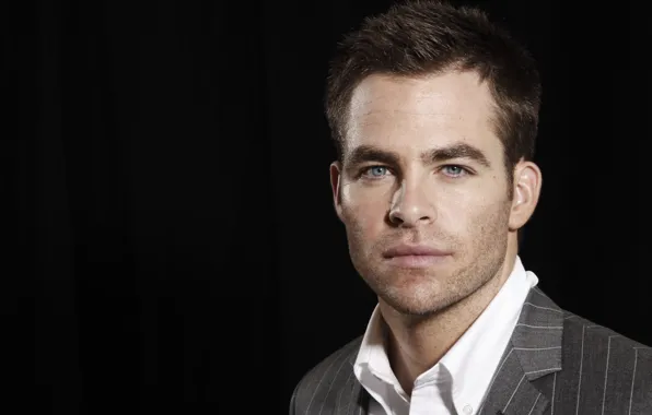 Взгляд, поза, актер, Крис Пайн, фон black, Chris Pine