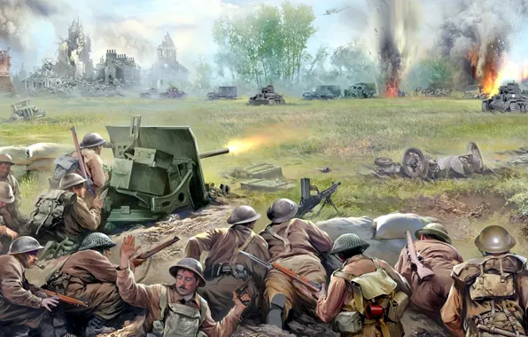 Рисунок, арт, истребитель мессершмитт, Французская кампания, Pz.Kpfw. II, Блицкриг 1940, Британские войска отражают немецкую атаку, …