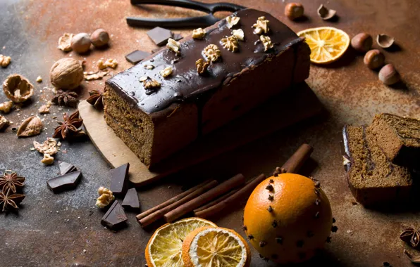 Шоколад, орехи, корица, десерт, выпечка, кекс, пряности, анис
